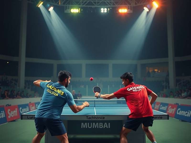 Mumbai T T Gladiator cover featuring table tennis players in Mumbai stadium